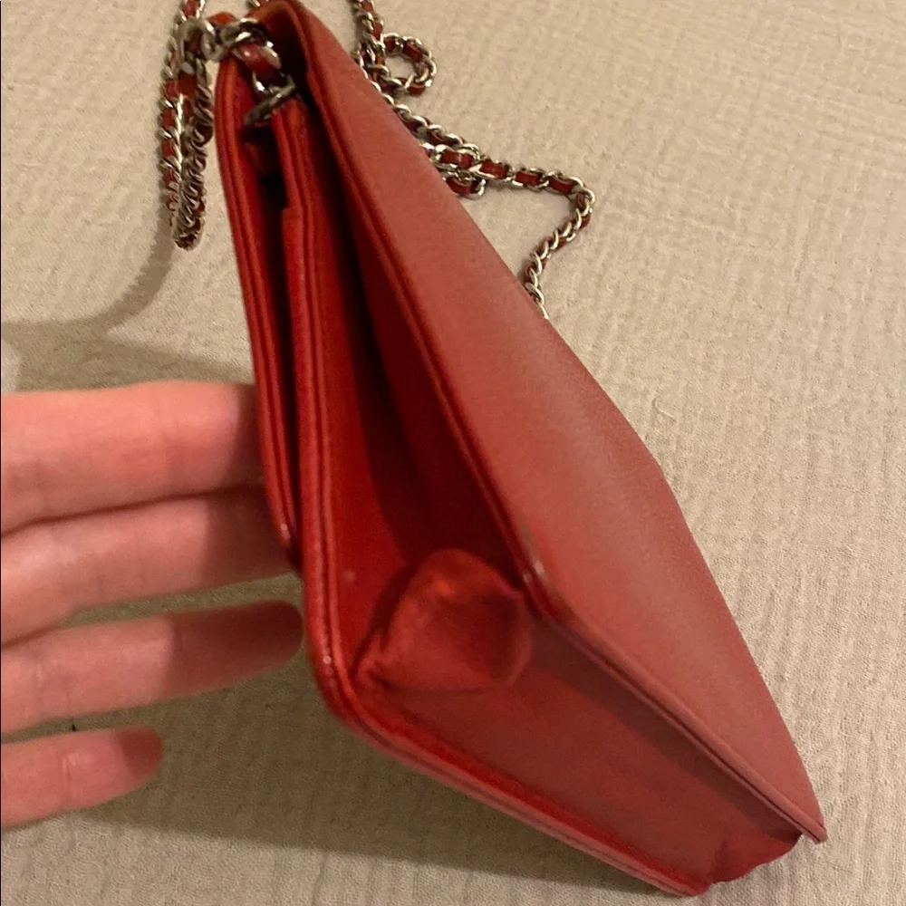 CHANEL Red Crossbody Bag with Silver Chain Strap. Wallet on chain.